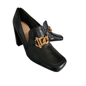 GIBSON LATIMER Ritah Shoes 8.5 Black w/Gold Chain Embossed Leather Heel Pumps